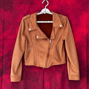 FAUX SUEDE WOMENS BROWN JACKET MOTO ZIPPER, 2 ZIPPER POCKETS SIZE  M
